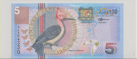 Суринам , 5 гульденов , 2000 г. , Unc .