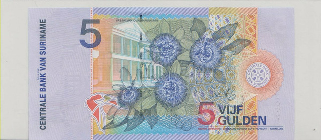 Суринам , 5 гульденов , 2000 г. , Unc . - 2/2