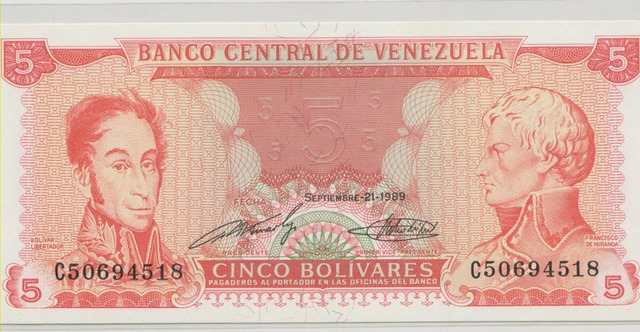 Венесуэла , 5 боливаров , 1989 г. , Unc .