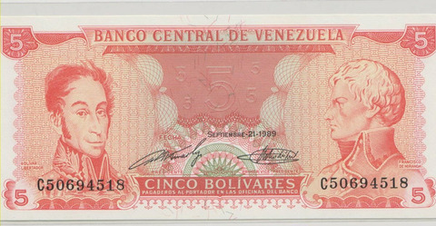 Венесуэла , 5 боливаров , 1989 г. , Unc .